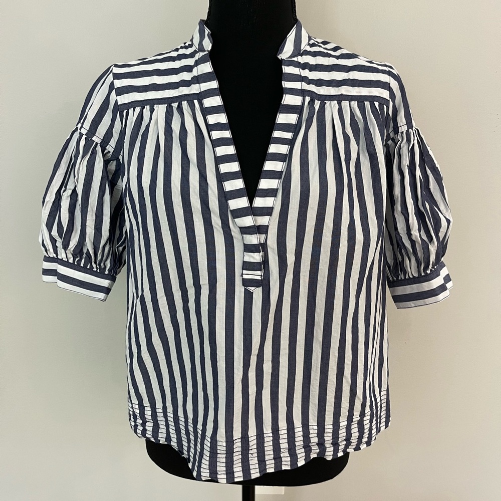 Anthropologie The Darcey‎ Popover Swing Top blue and white stripe pattern XS - Picture 3 of 8